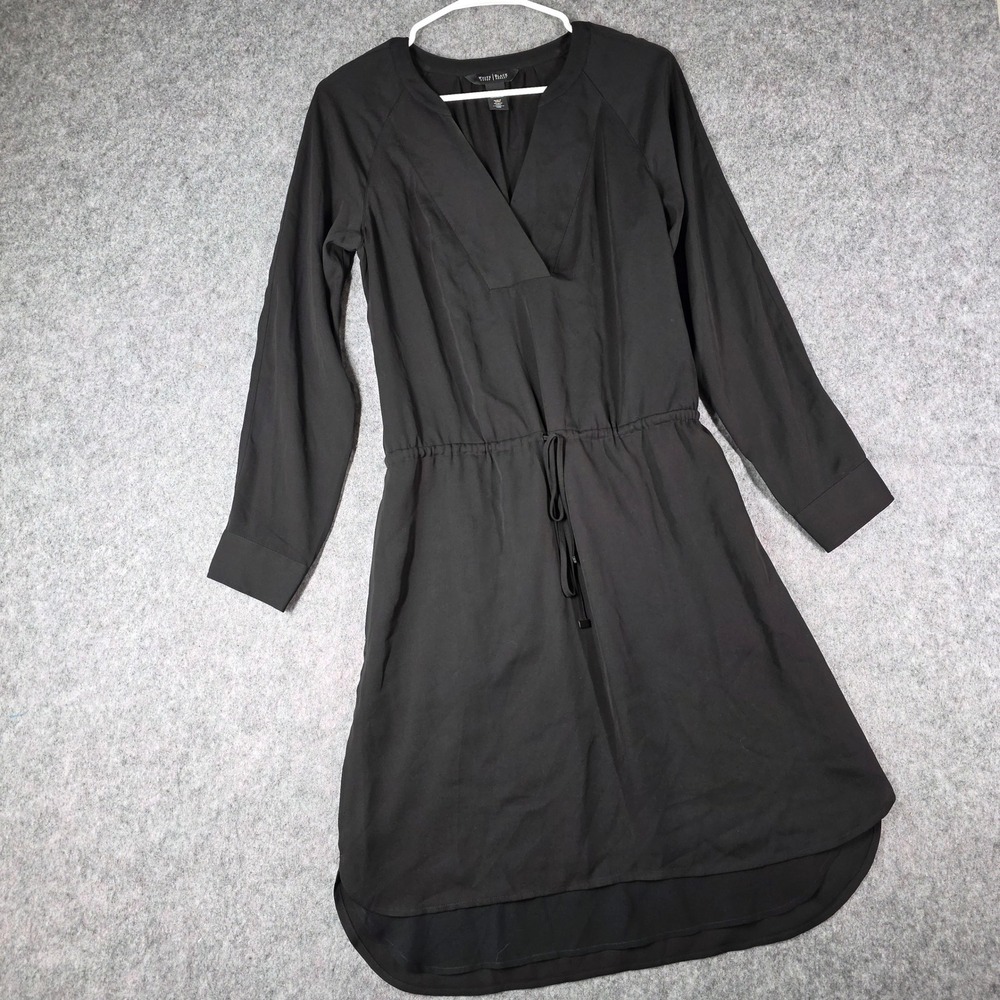 White House Black Market‎ Shift Dress Black Long Sleeve Drawstring LBD sz 4 WHBM